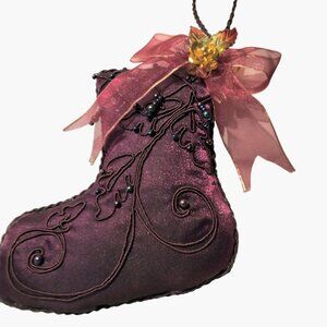 Purple Embroidered Brocade Christmas Stocking Ornament Beaded Ribbon Bow